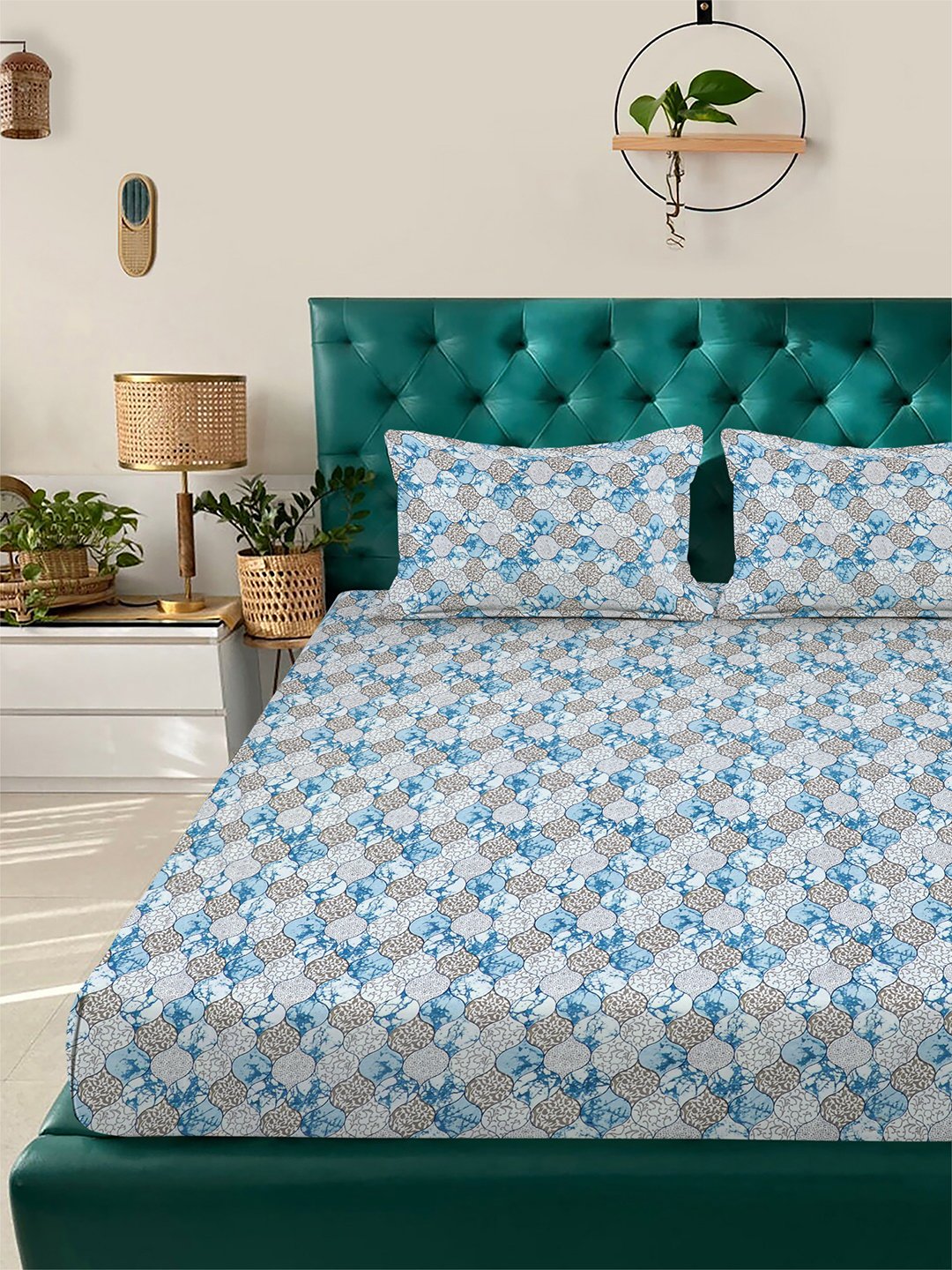 Blue Floral 300 TC Cotton Blend Fitted Double Bedsheet with 2 Pillow Covers