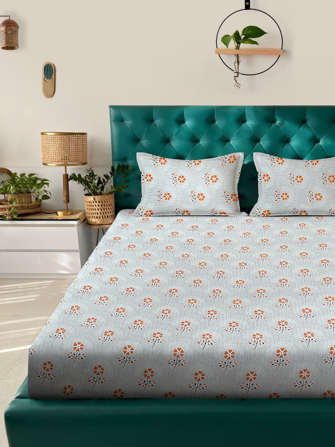 Grey Floral 400 TC Pure Cotton Fitted Double Bedsheet with 2 Pillow Covers