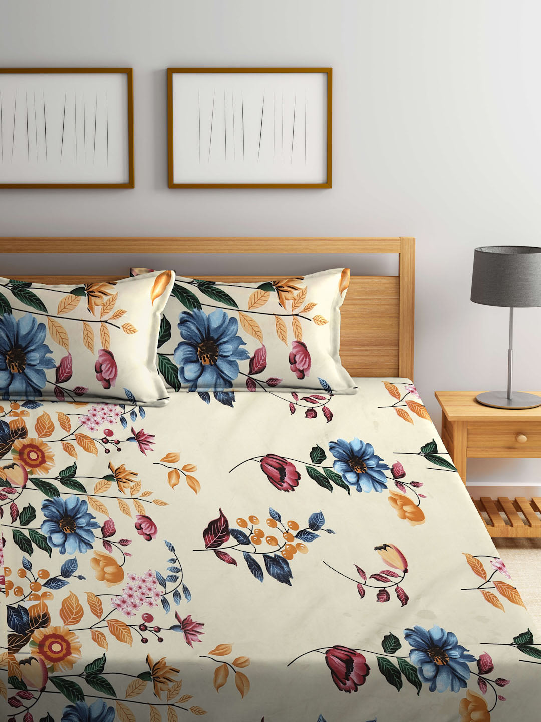 Klotthe Multi Floral 300 TC Cotton Blend Elasticated Double Bedsheet with 2 Pillow Covers