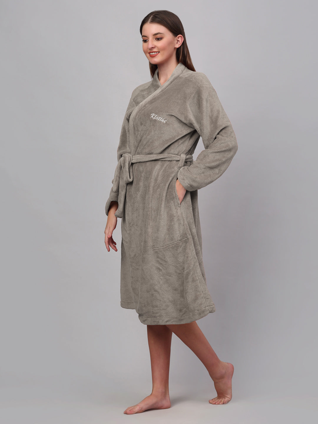 Klotthe Women Beige Solid Bath Robe With Belt