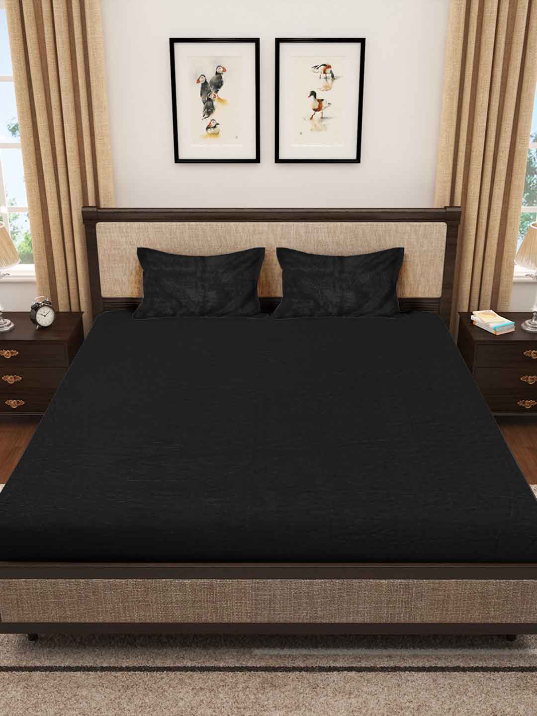 Klotthe Black Solid Woolen Double Bed Sheet with 2 Pillow Covers