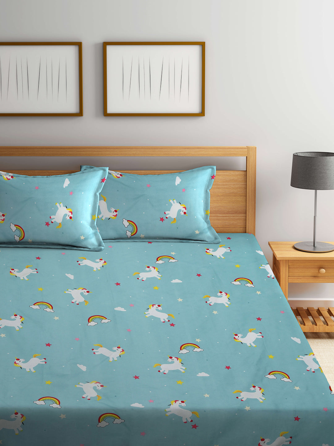 Klotthe Multicolor Cartoon Characters 300 TC Cotton Blend Fitted Double Bedsheet with 2 Pillow Covers