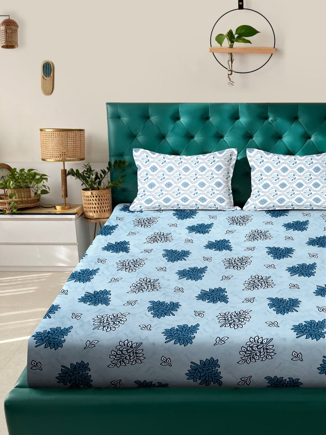 Blue Floral 400 TC Pure Cotton Fitted Double Bedsheet with 2 Pillow Covers