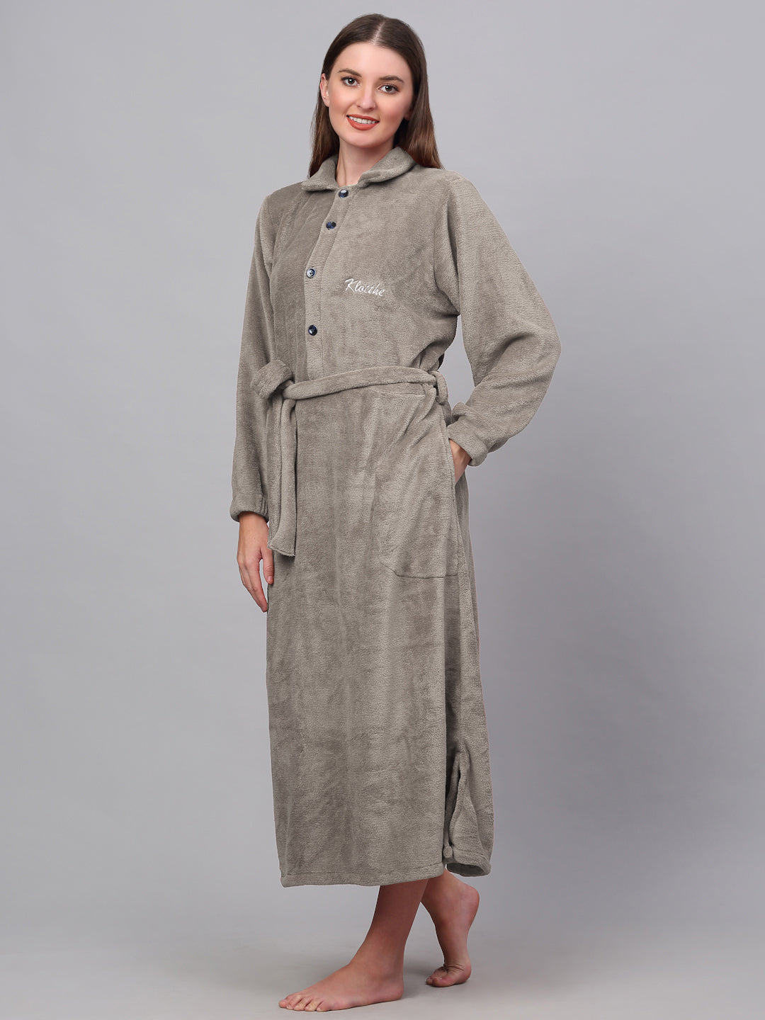 Klotthe Women Beige Solid Bath Robe With Belt
