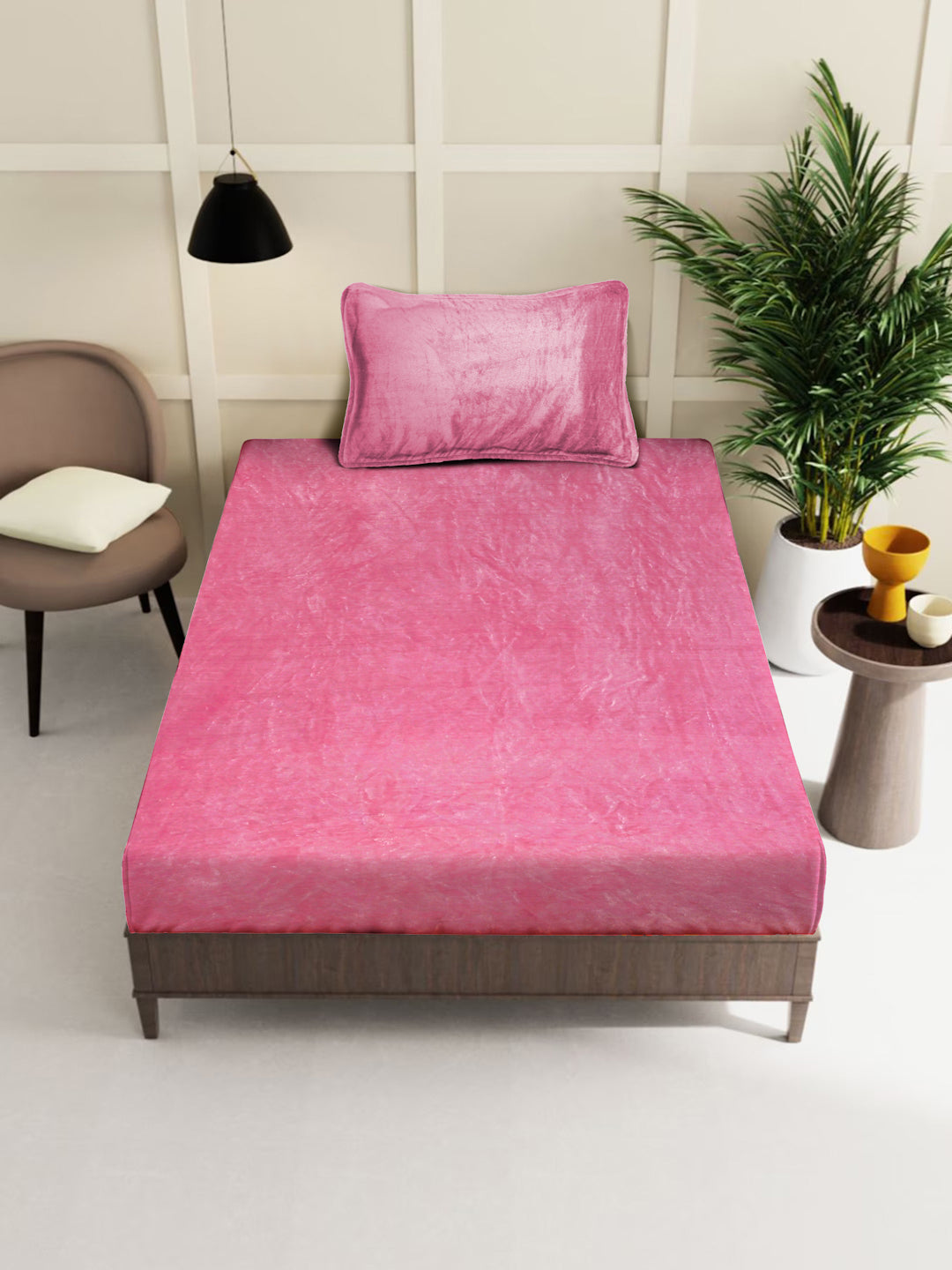Klotthe Light Pink Solid Woolen Fitted Single Bed Sheet with Pillow Cover