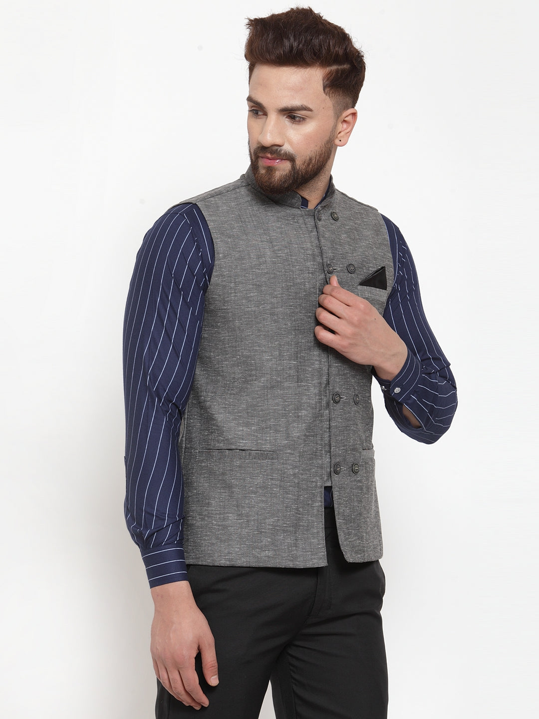 Grey Pure Cotton Party Nehru Jackets