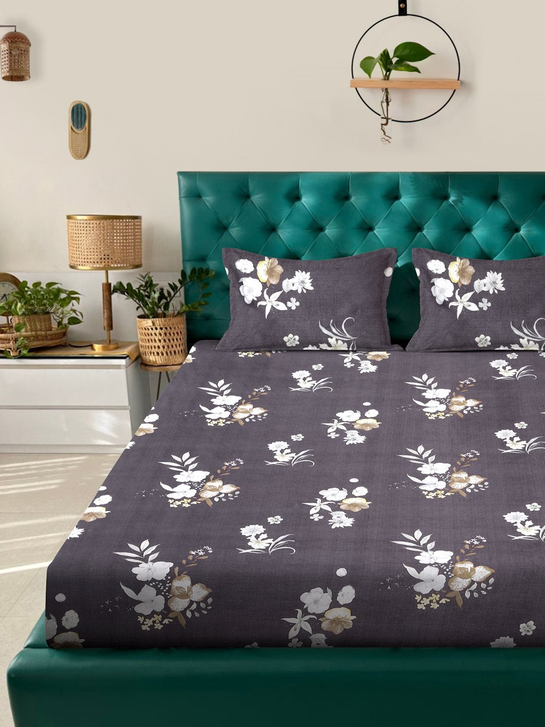 Brown Floral 300 TC Cotton Blend Fitted Double Bedsheet with 2 Pillow Covers