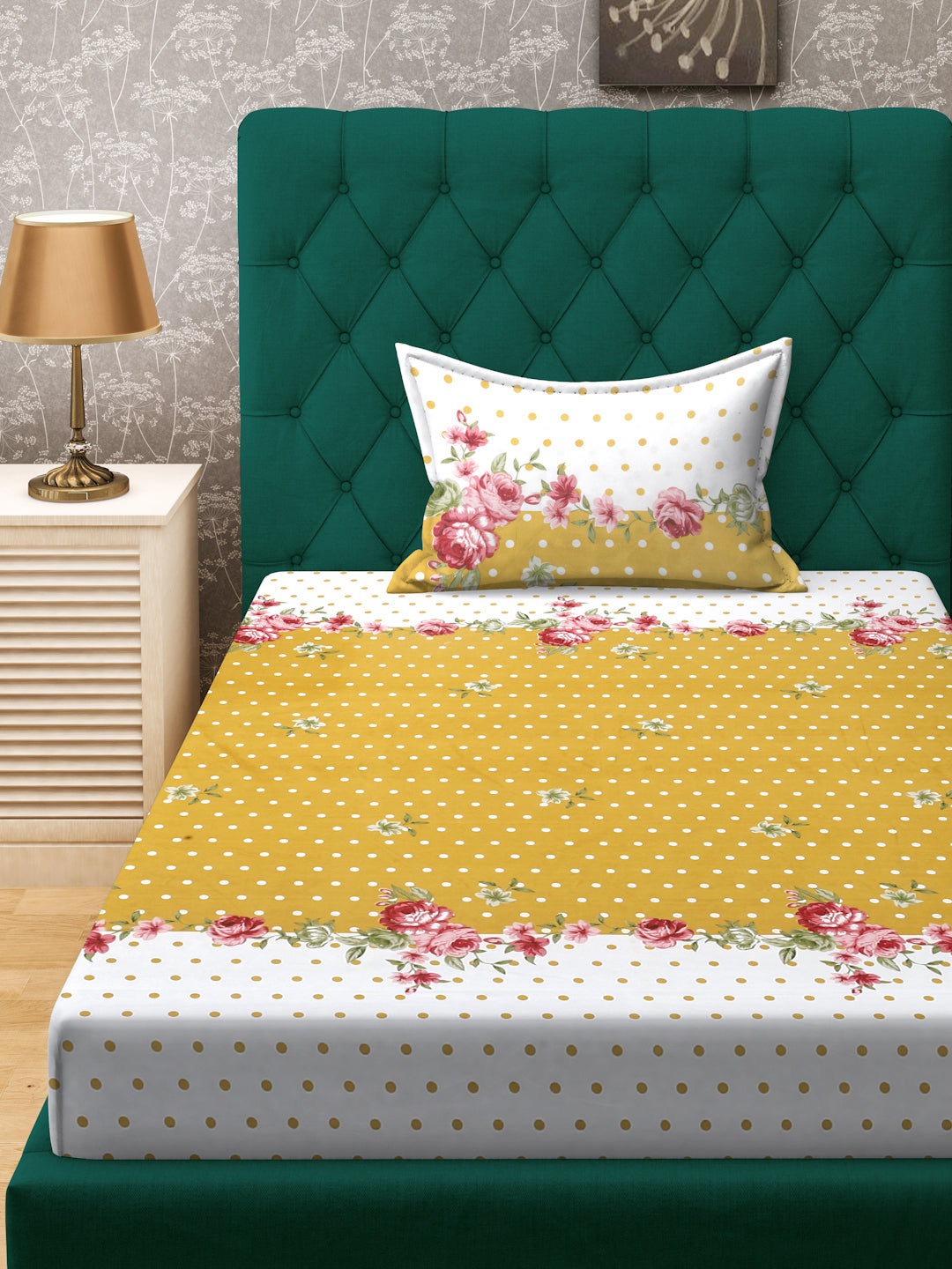 Klotthe Yellow Floral 300 TC Cotton Blend Fitted Single Bedsheet Set in Book Fold Packing
