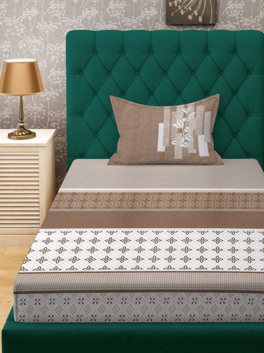 Klotthe Brown Geometric 400 TC Pure Cotton Single Bedsheet with Pillow Cover