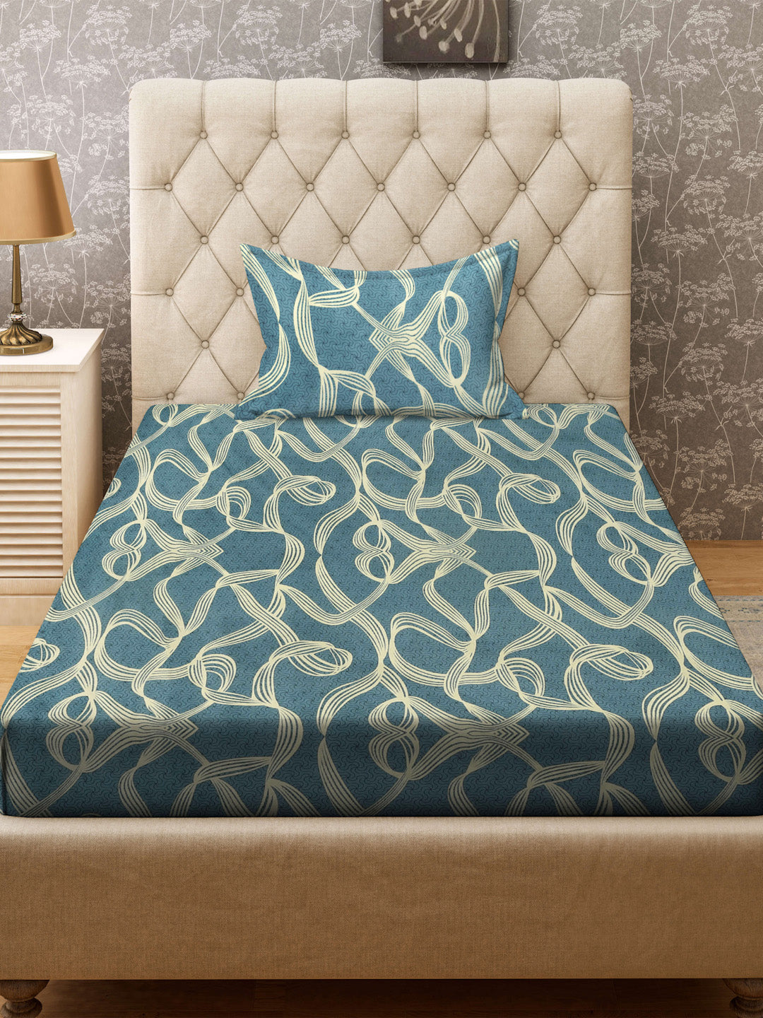 Klotthe Turquoise Abstract 300 TC Cotton Blend Single Bedsheet with Pillow Cover