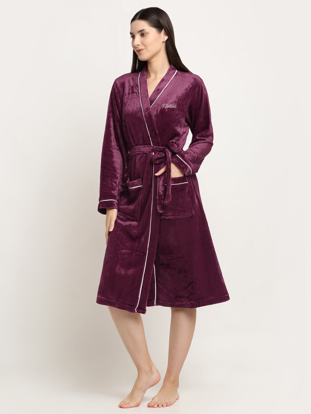 Klotthe Women Maroon Solid Wool Bath Robe With Belt