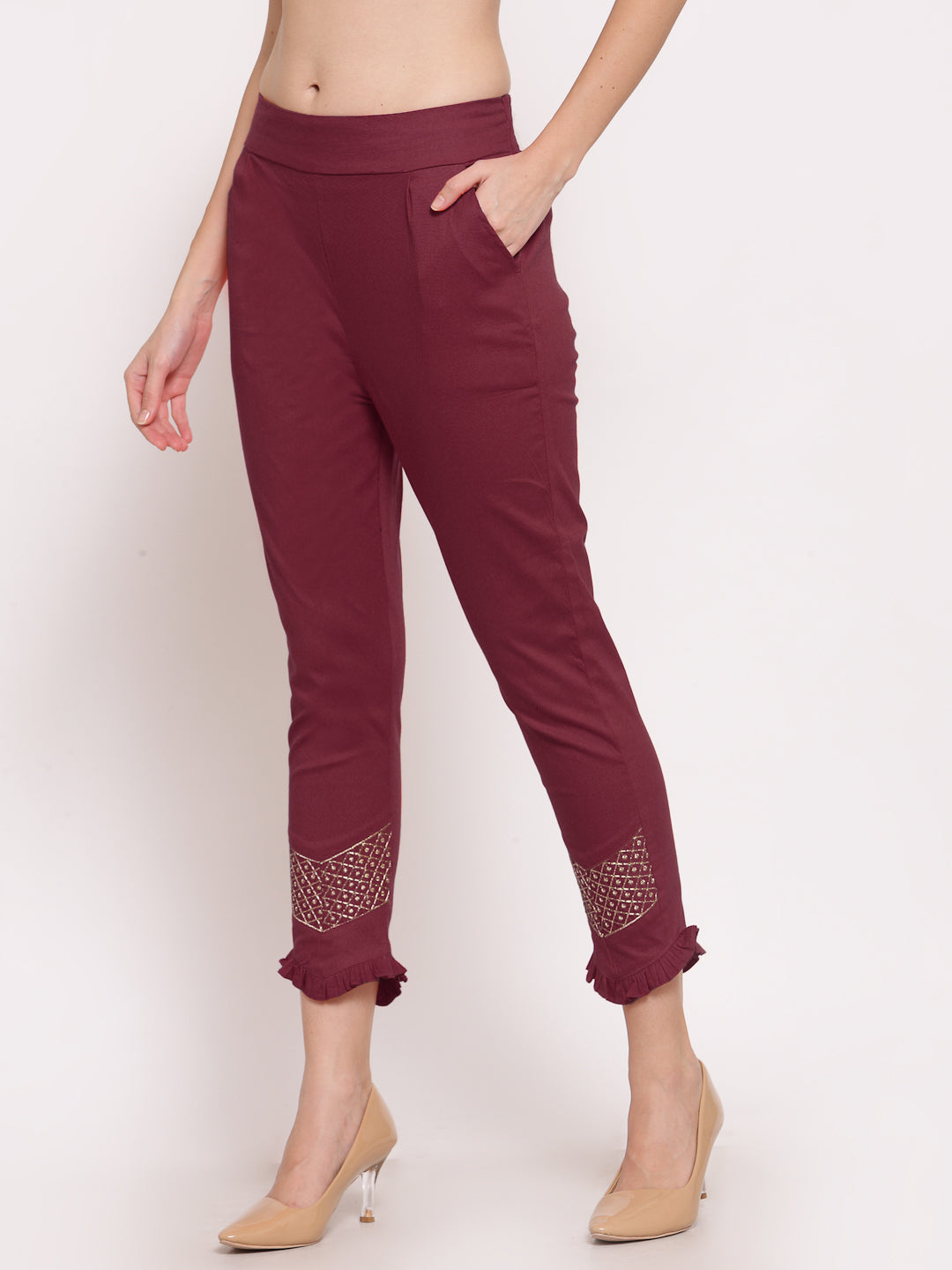 Klotthe Women Maroon Solid Slim Fit Trouser