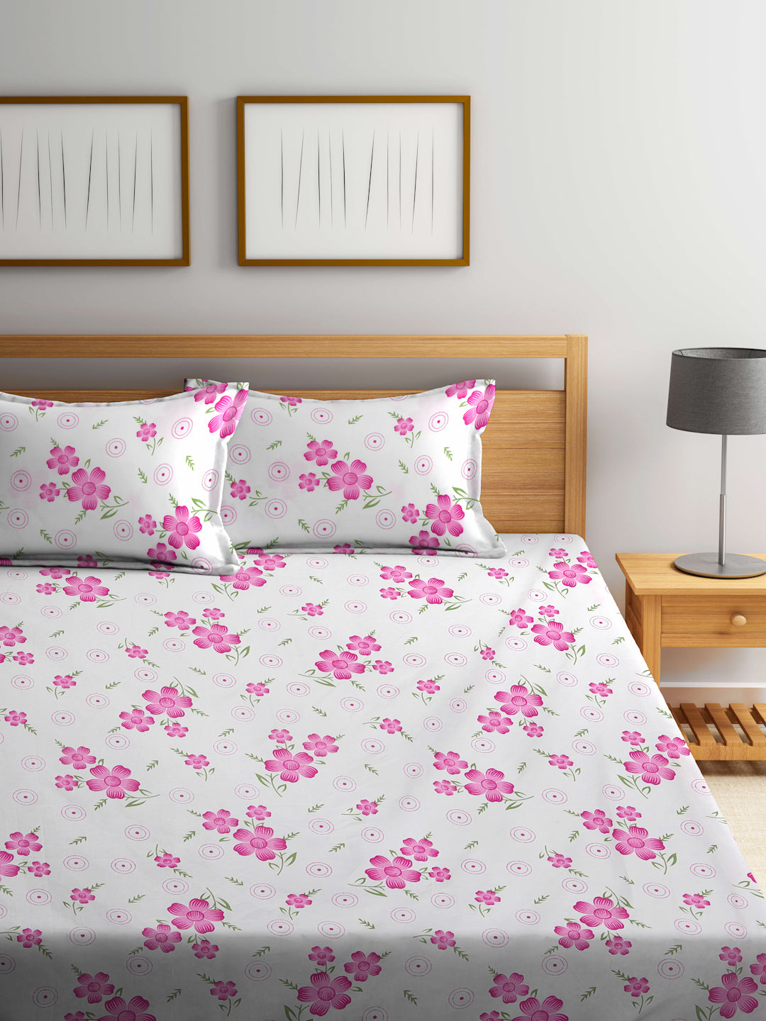 Klotthe Multicolor Floral 300 TC Cotton Blend Fitted Double Bedsheet with 2 Pillow Covers