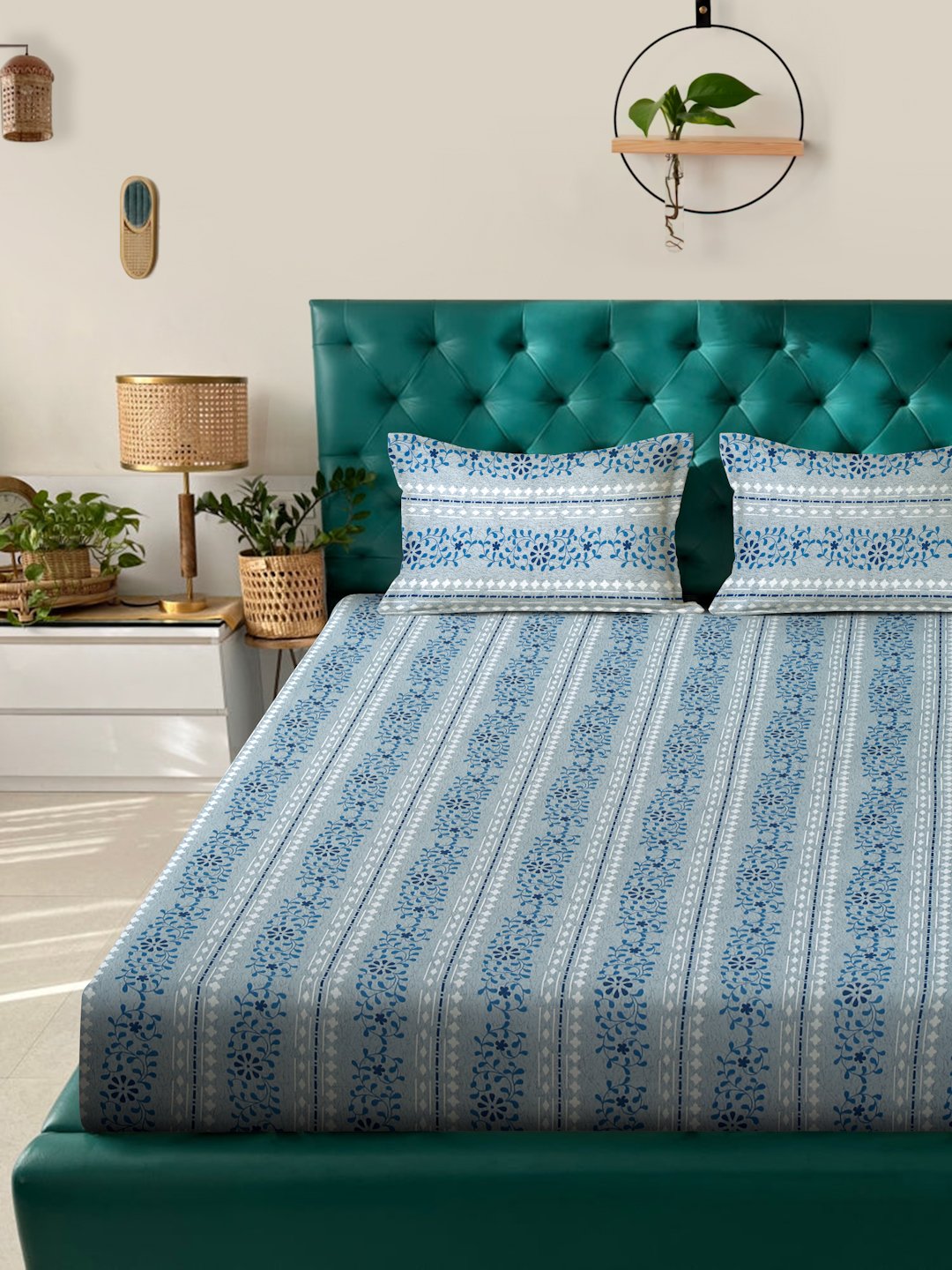 Blue Floral 400 TC Pure Cotton Fitted Double Bedsheet with 2 Pillow Covers