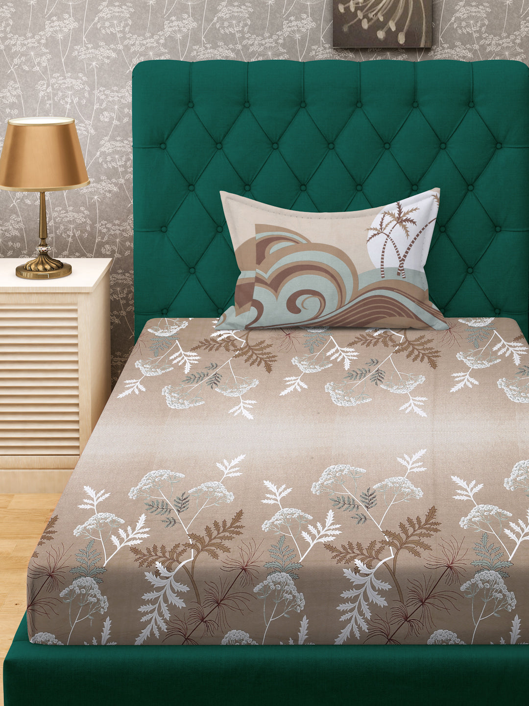 Klotthe Beige Floral 400 TC Pure Cotton Single Bedsheet with Pillow Cover