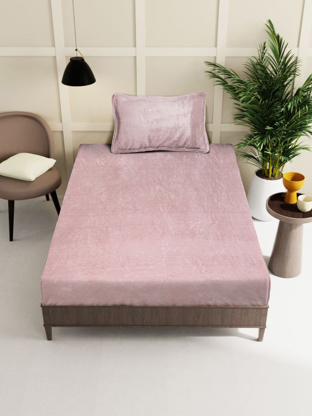Klotthe Light Pink Solid Woolen Fitted Single Bed Sheet with Pillow Cover