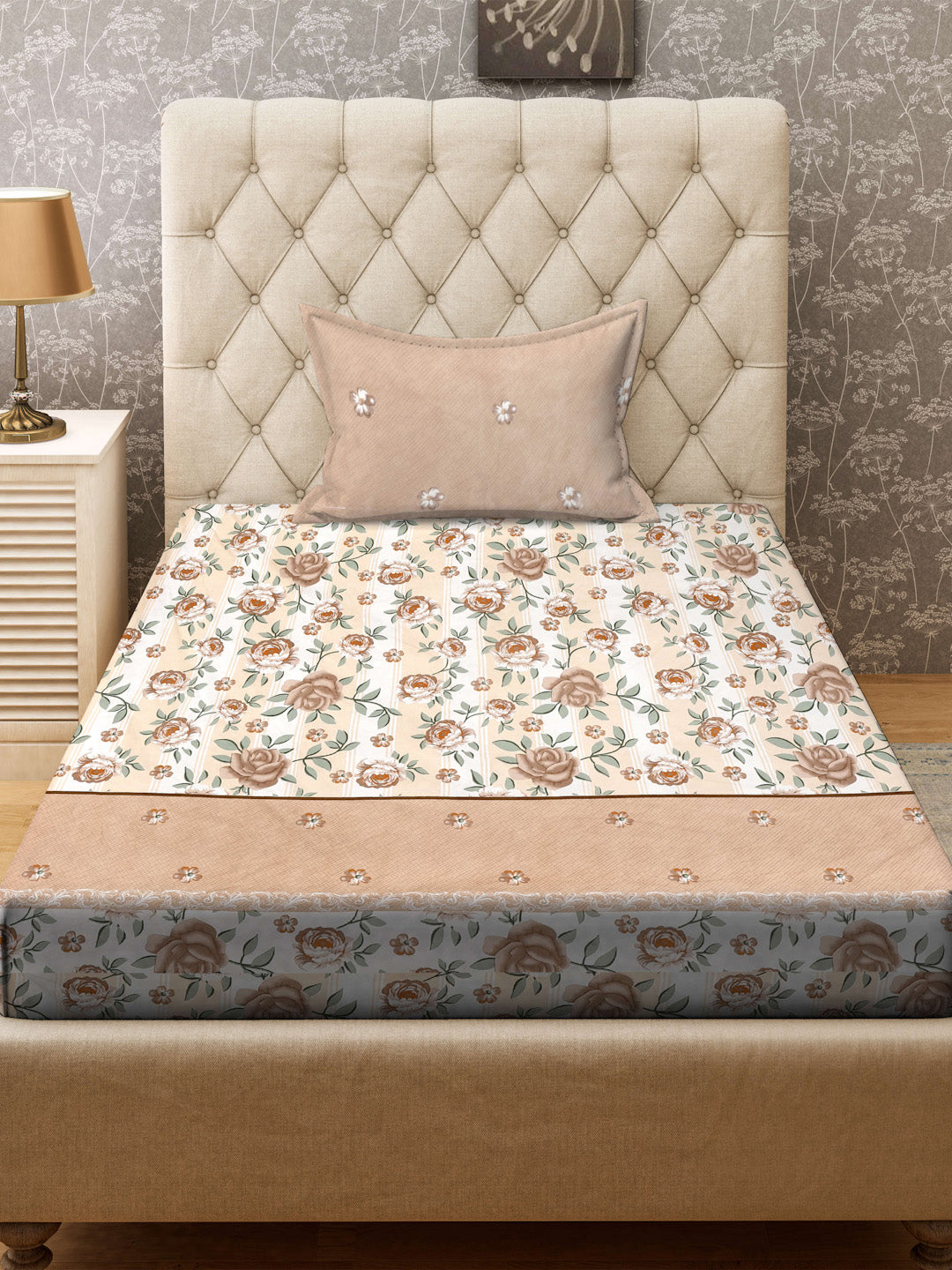 Klotthe Brown Floral 300 TC Cotton Blend Fitted Single Bedsheet with Pillow Cover