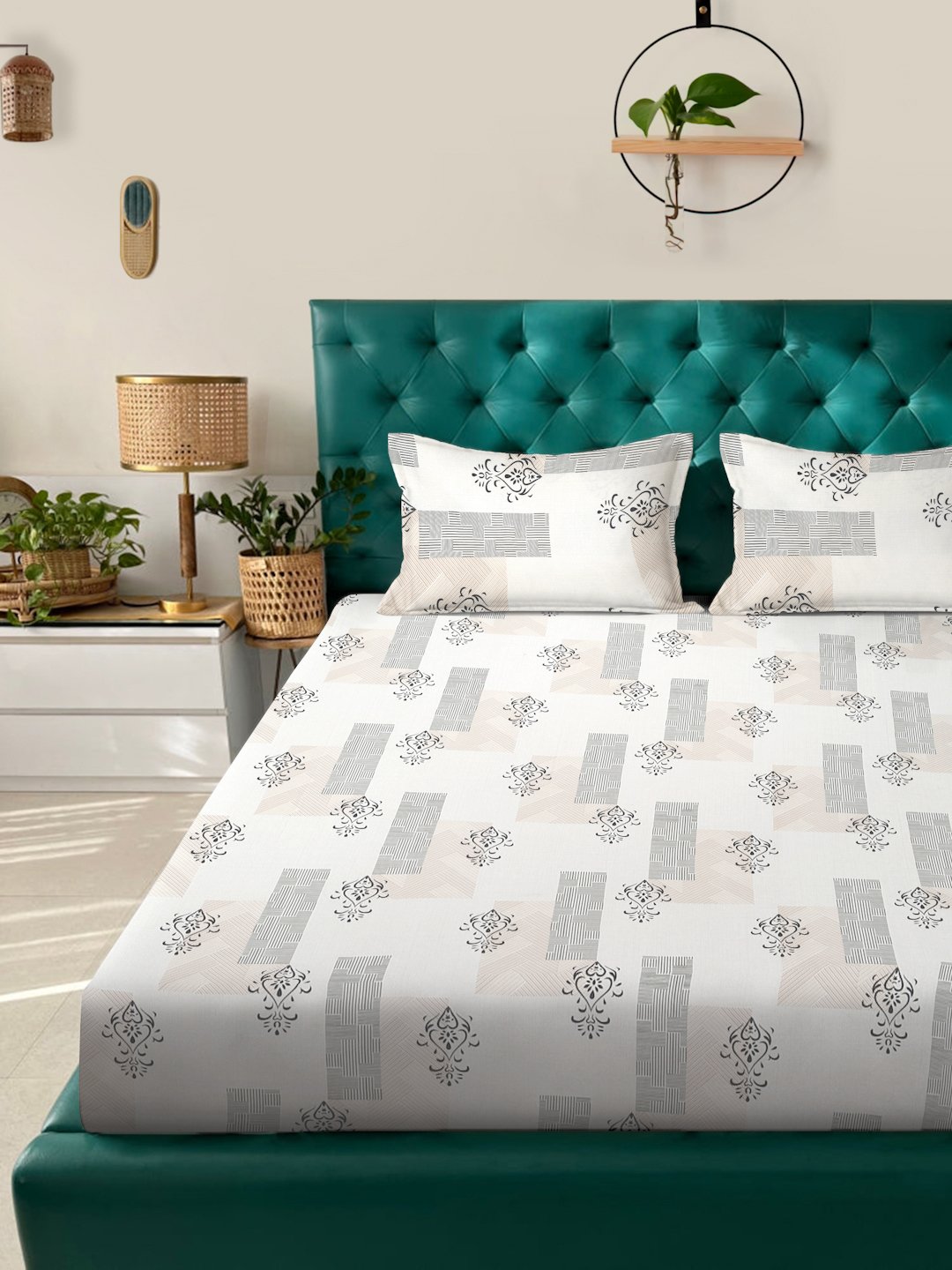 Cream Ethnic Motifs 300 TC Cotton Blend Fitted Double Bedsheet with 2 Pillow Covers