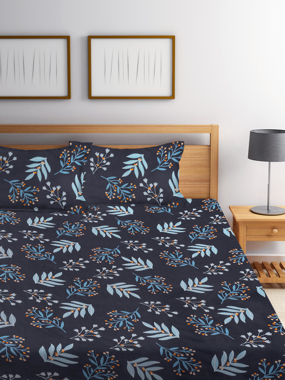 Klotthe Multicolor Floral 300 TC Cotton Blend Fitted Double Bedsheet with 2 Pillow covers