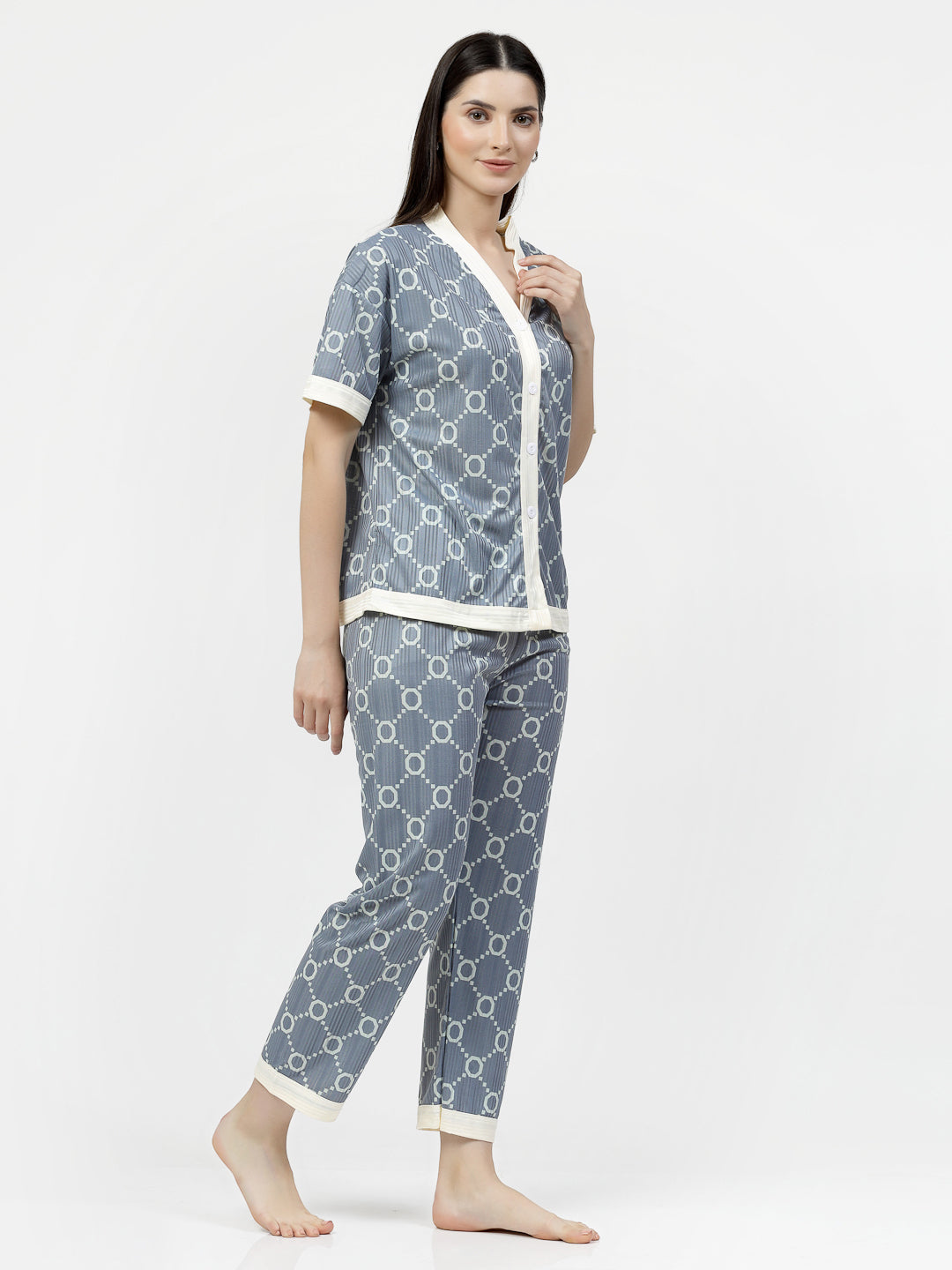 Klotthe Women Grey Geometric Satin Night Suit by KLOTTHE