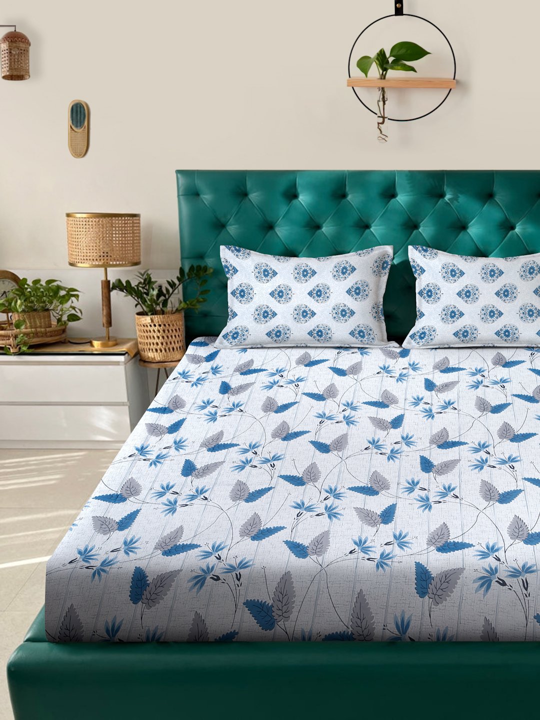 Blue Floral 400 TC Pure Cotton Fitted Double Bedsheet with 2 Pillow Covers
