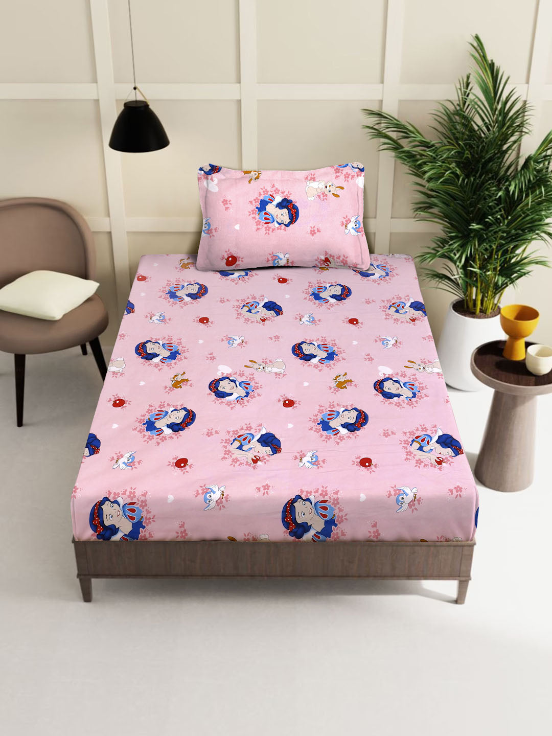 Klotthe Pink Cartoon Characters 400 TC Pure Cotton Fitted Single Bedsheet with Pillow Cover