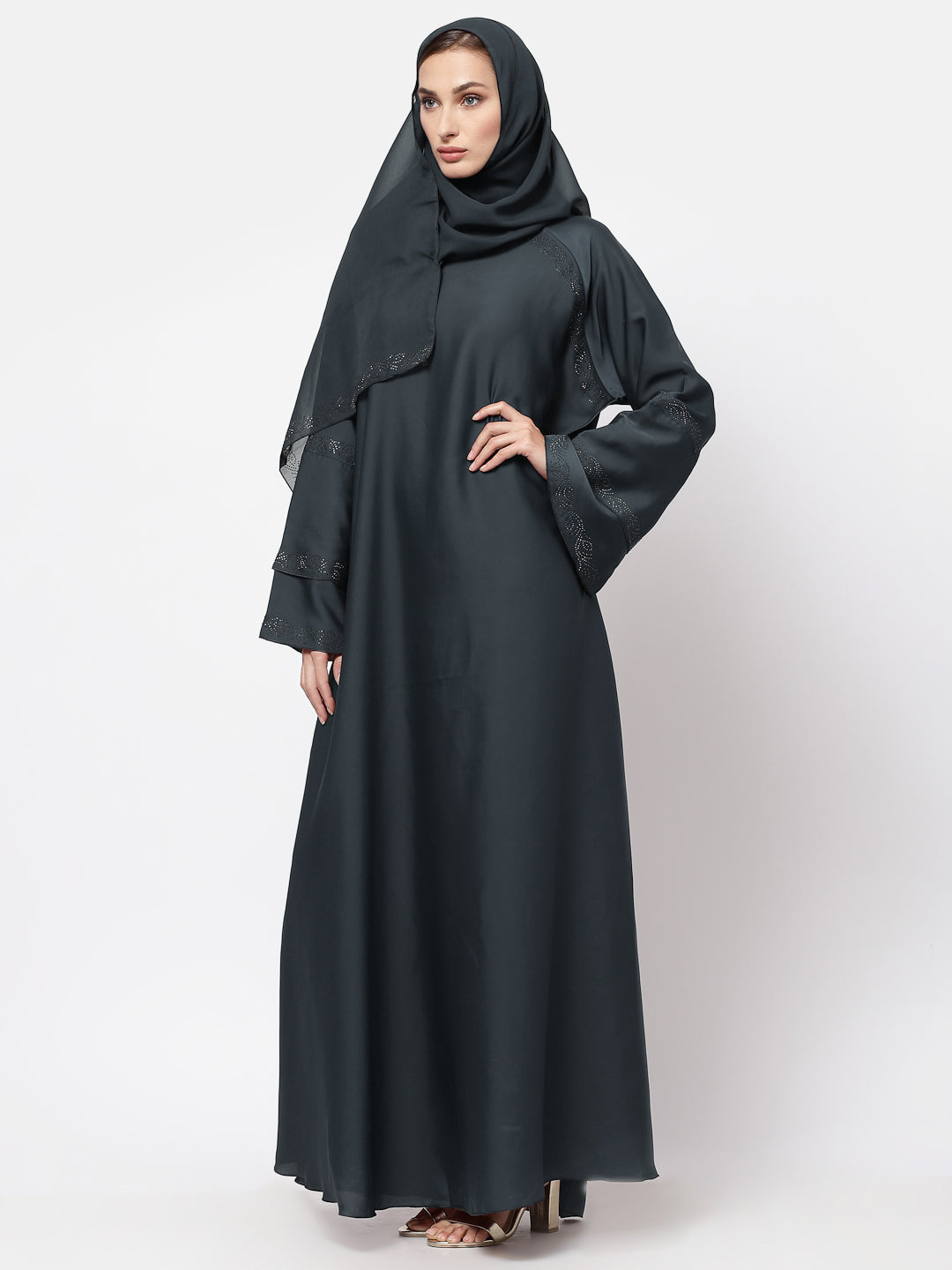 Klotthe Women Grey Embellished Burqa With Scarves