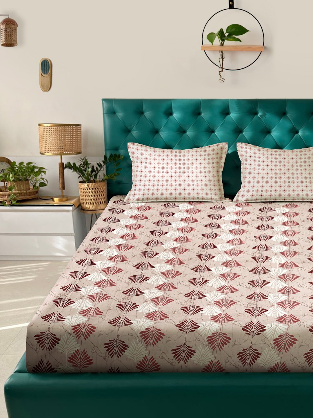 Beige Floral 400 TC Pure Cotton Fitted Double Bedsheet with 2 Pillow Covers