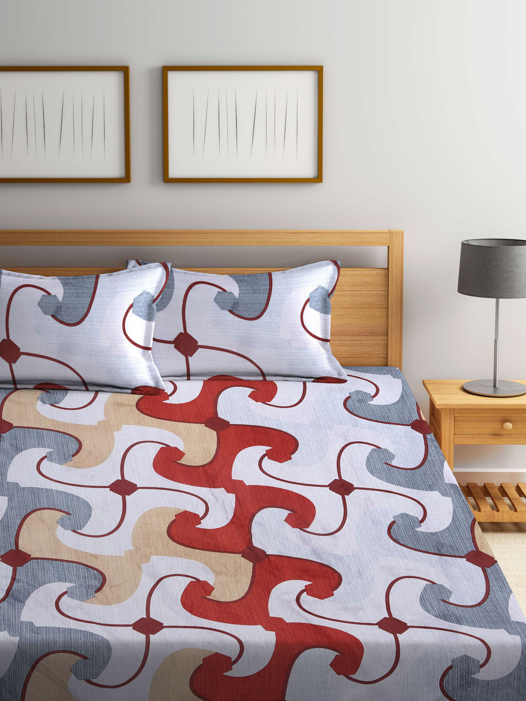 Klotthe Multi Abstract 300 TC Cotton Blend Elasticated Double Bedsheet with 2 Pillow Covers