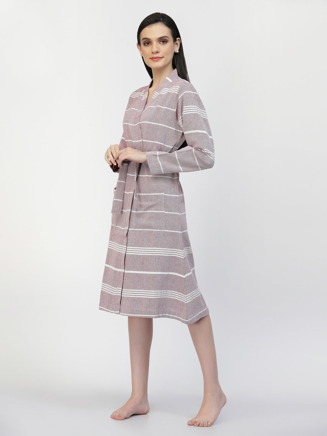 Klotthe Women Purple Striped Cotton Bath Robe With Belt