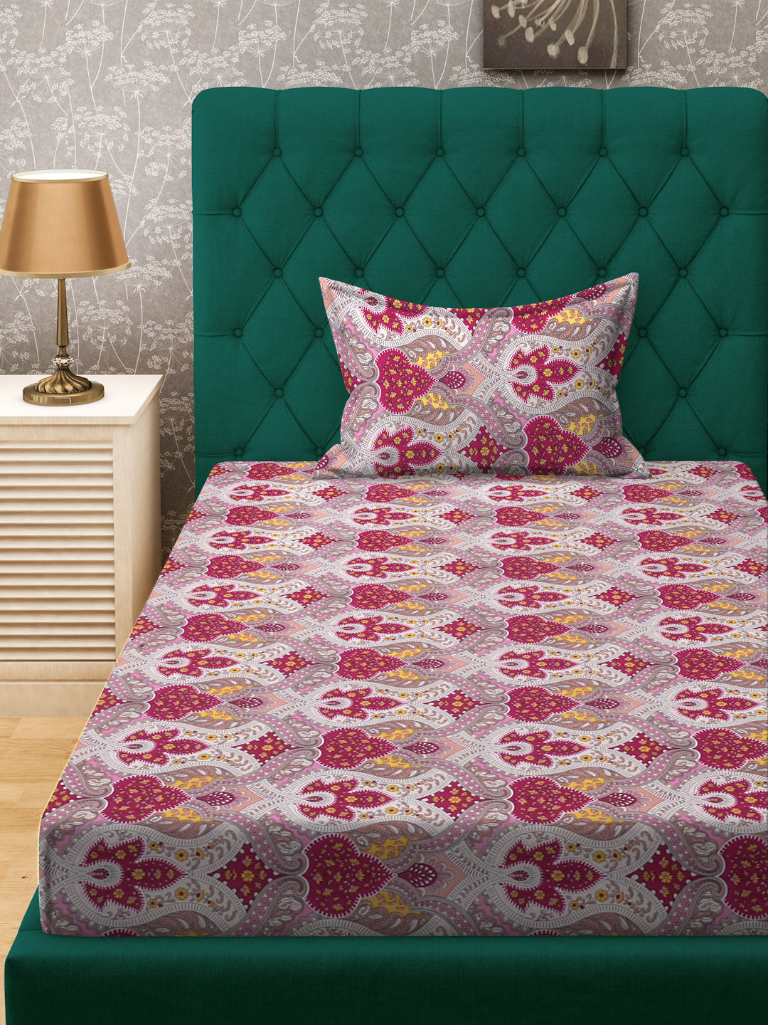 Klotthe Red Ethnic Motifs 300 TC Cotton Blend Fitted Single Bedsheet Set in Book Fold Packing
