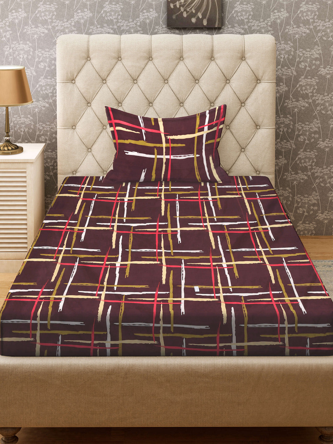 Klotthe Brown Striped 300 TC Cotton Blend Fitted Single Bedsheet with Pillow Cover