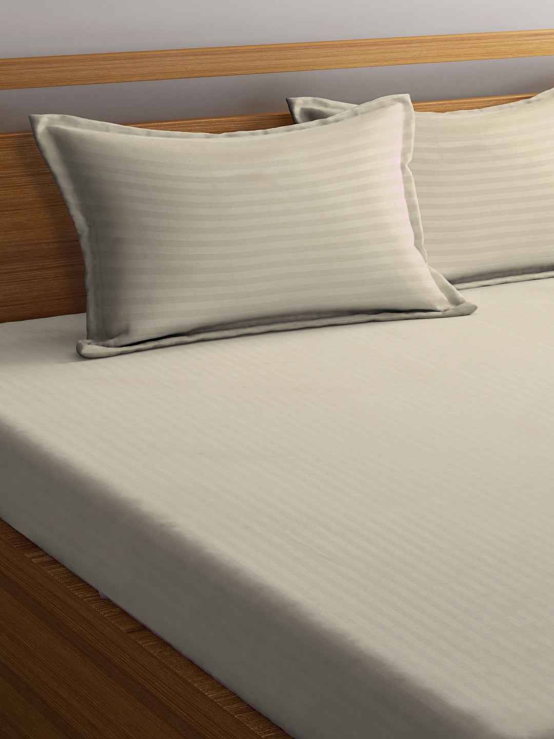Klotthe Beige Striped 300 TC Cotton Blend Elasticated Super King Double Bedsheet with 2 Pillow Covers (270X270 cm)