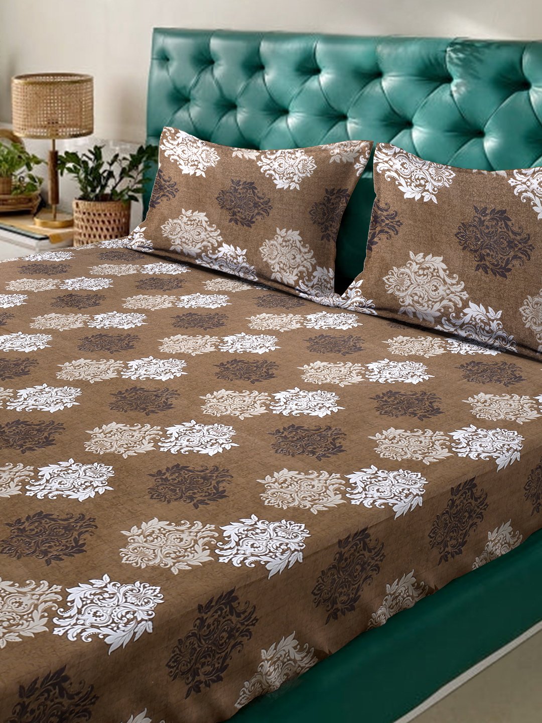 Brown Floral 400 TC Pure Cotton Fitted Double Bedsheet with 2 Pillow Covers