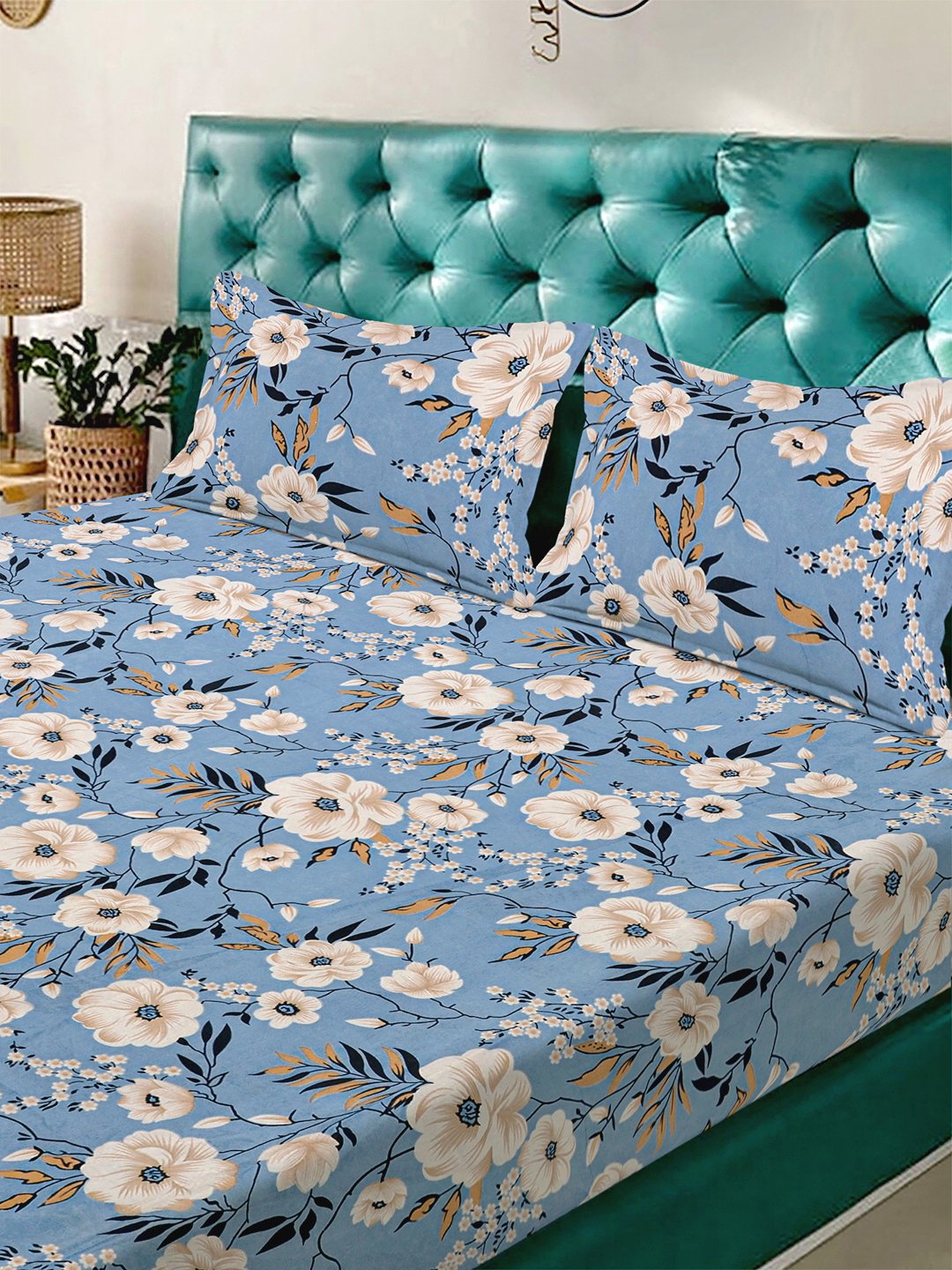 Blue Floral 300 TC Cotton Blend Fitted Double Bedsheet with 2 Pillow Covers