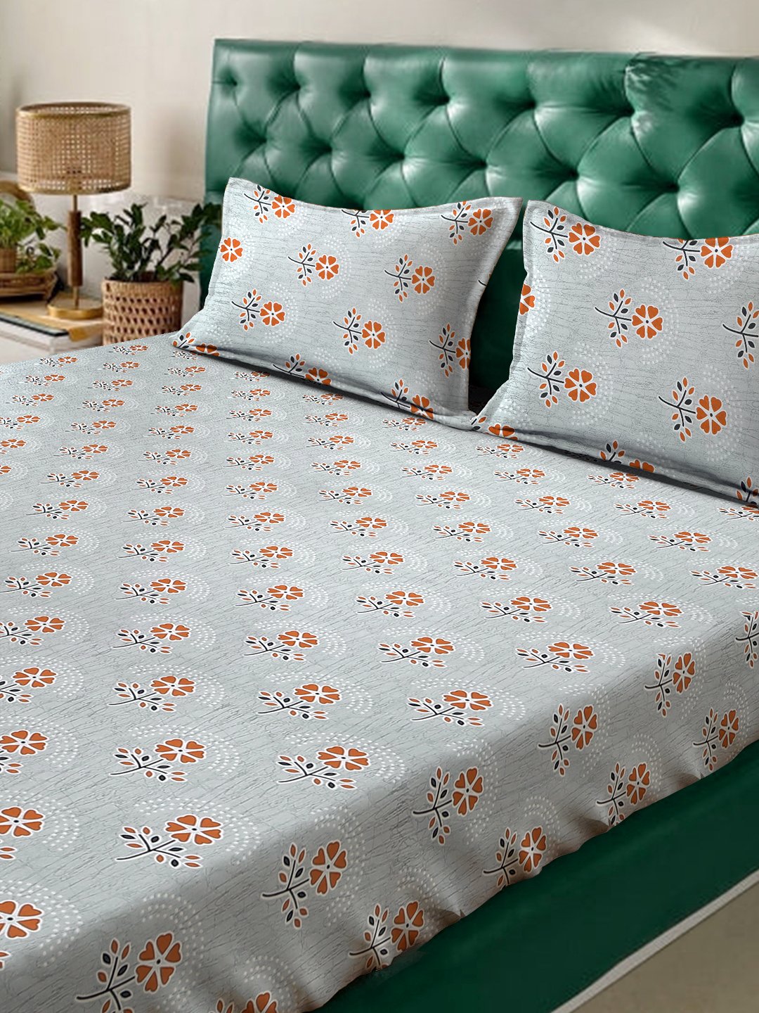 Grey Floral 400 TC Pure Cotton Fitted Double Bedsheet with 2 Pillow Covers
