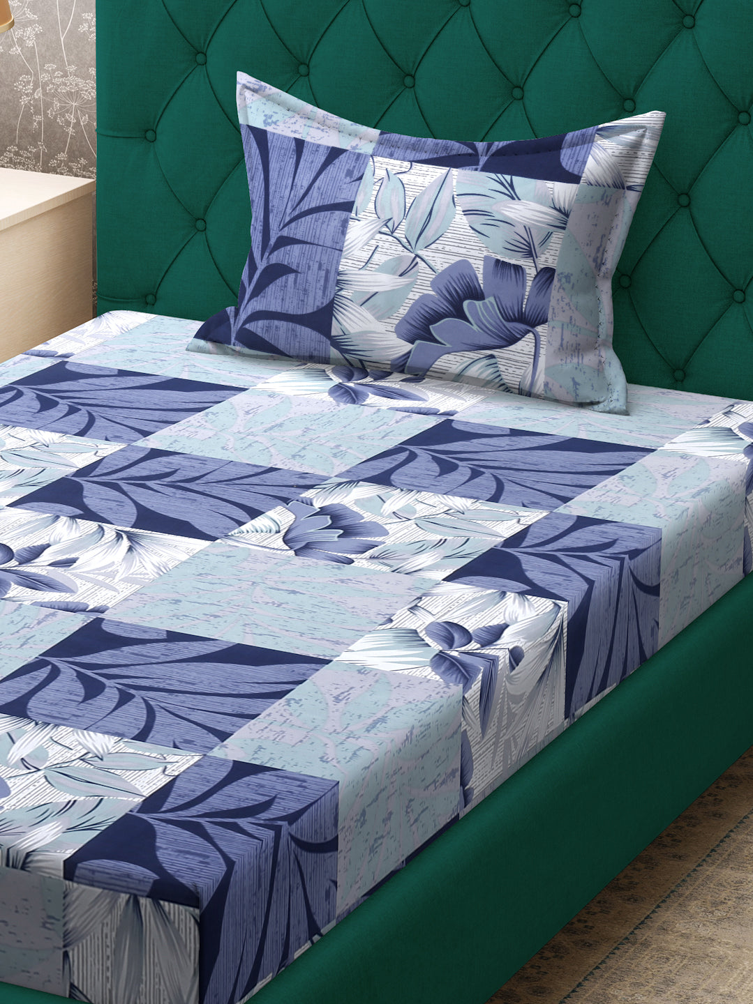 Klotthe Blue Floral 300 TC Cotton Blend Single Bedsheet with Pillow Cover