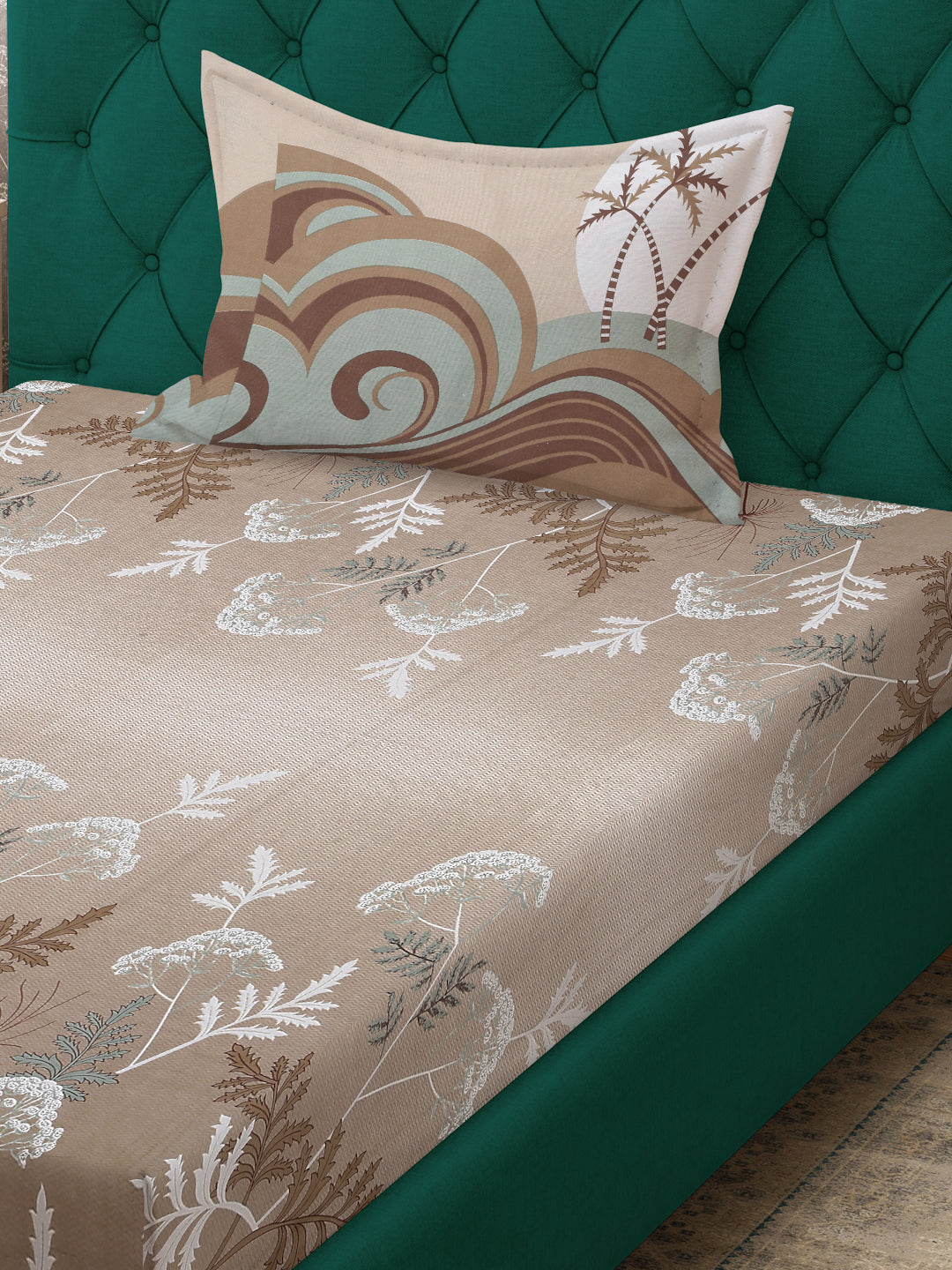 Klotthe Beige Floral 400 TC Pure Cotton Single Bedsheet with Pillow Cover
