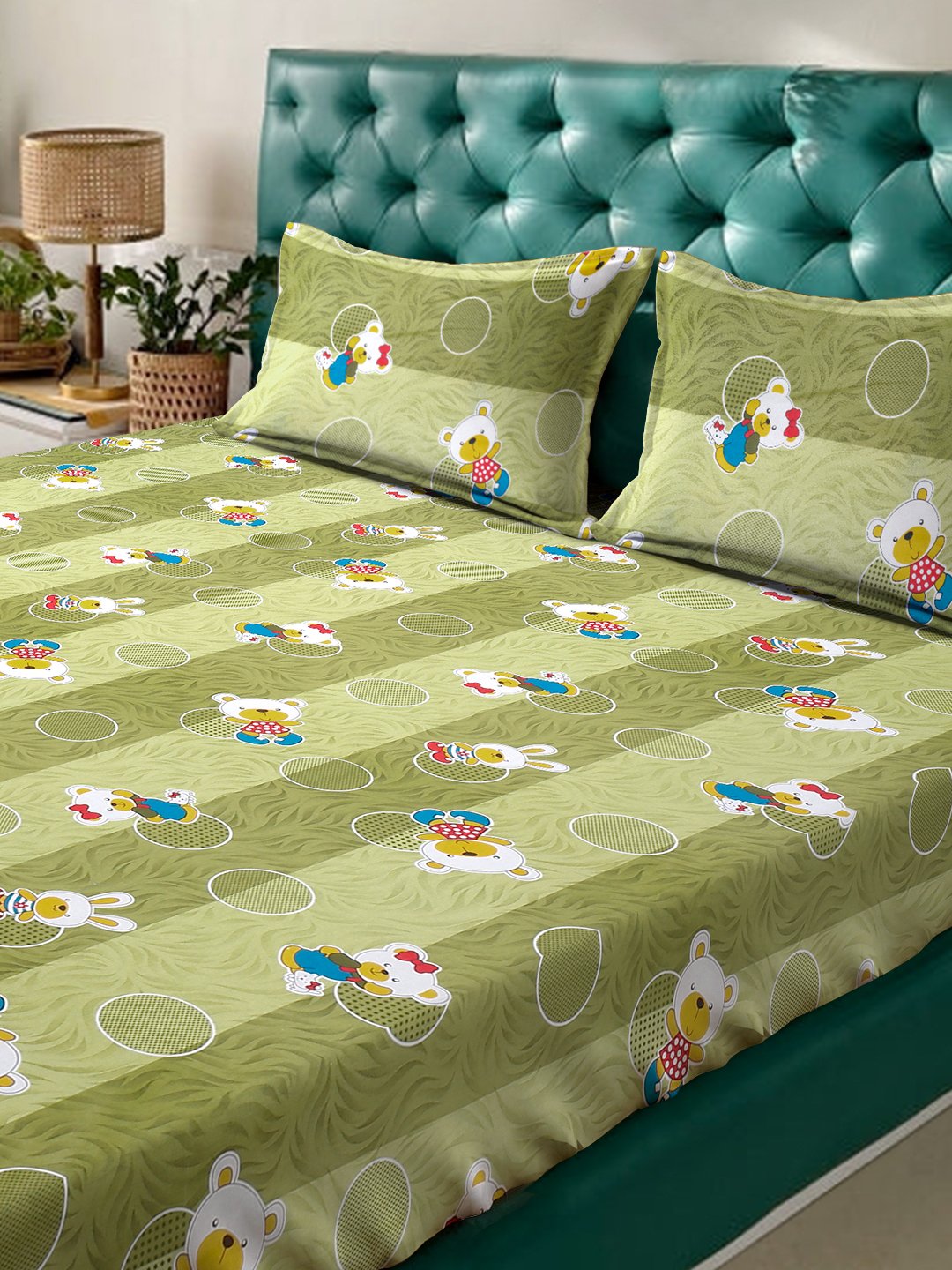 Green Cartoon Characters 400 TC Pure Cotton Fitted Double Bedsheet with 2 Pillow Covers