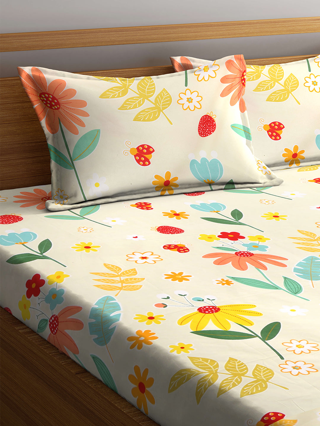 Klotthe Multi Floral 210 TC Polycotton Elasticated Double Bedsheet with 2 Pillow Covers