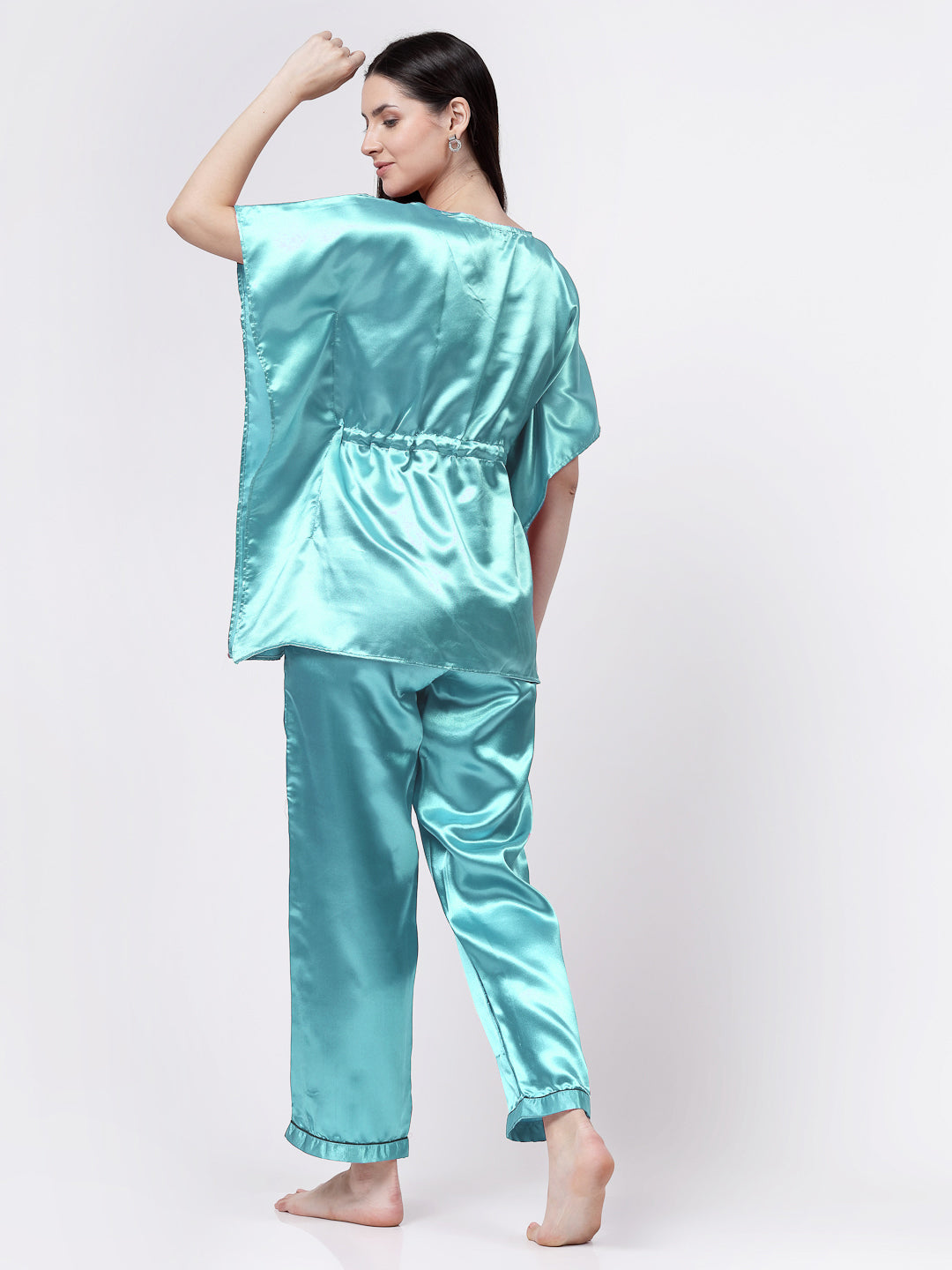 Klotthe Women Sky Blue Solid Satin Kaftan Night Suit by KLOTTHE