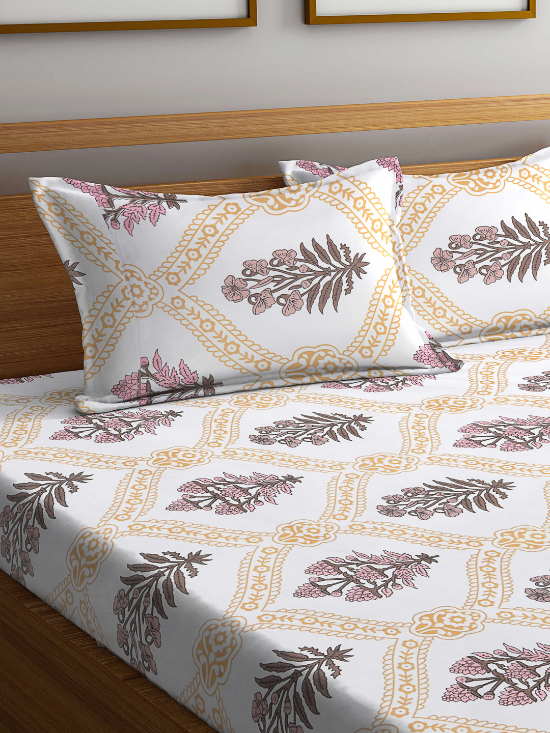Klotthe Multicolor Floral 300 TC Cotton Blend Fitted Double Bedsheet with 2 Pillow Covers