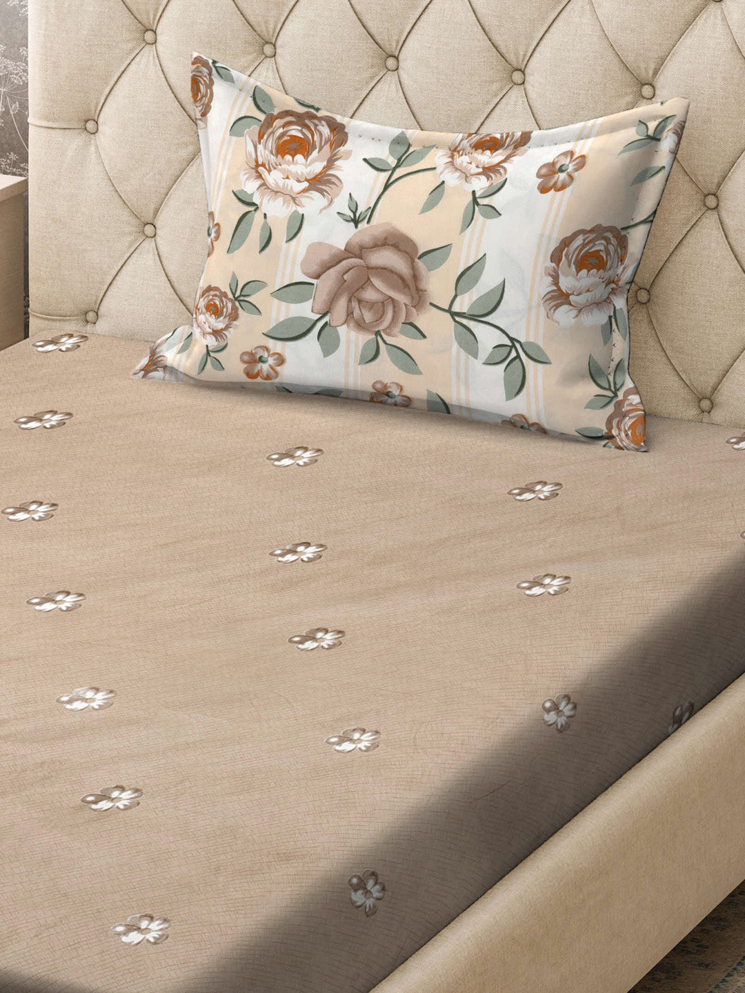 Klotthe Brown Floral 300 TC Cotton Blend Single Bedsheet with Pillow Cover