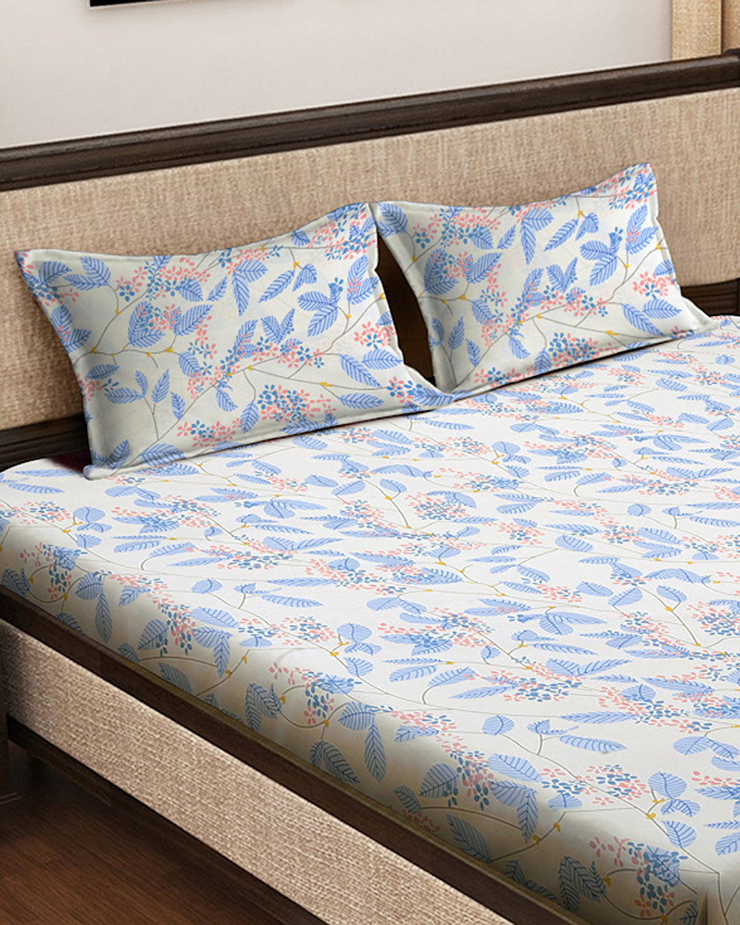 Klotthe Multicolor Floral 300 TC Cotton Blend Fitted Double Bedsheet with 2 Pillow covers