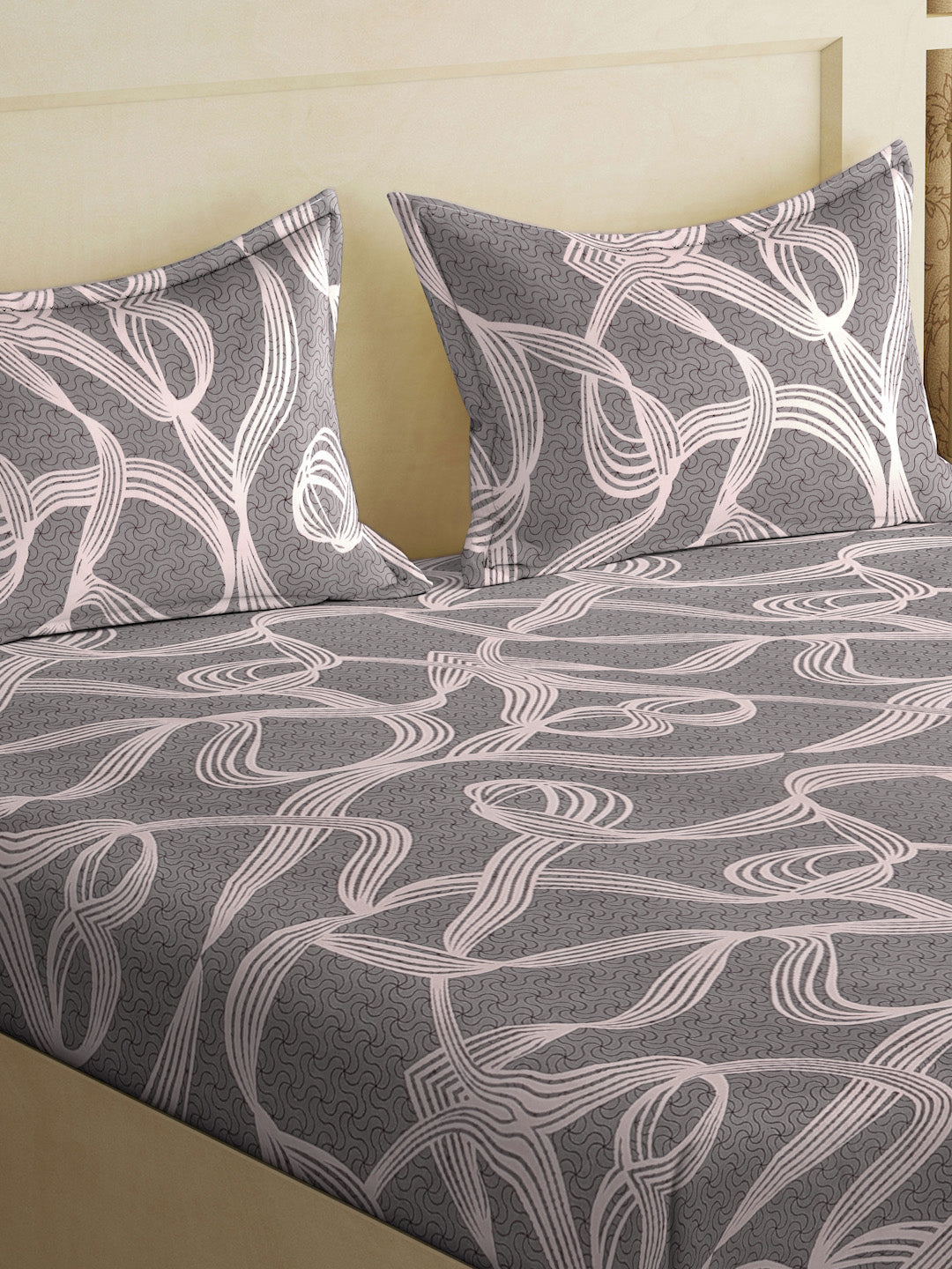 Klotthe Grey Abstract 300 TC Cotton Blend Fitted Double Bedsheet with 2 Pillow Covers