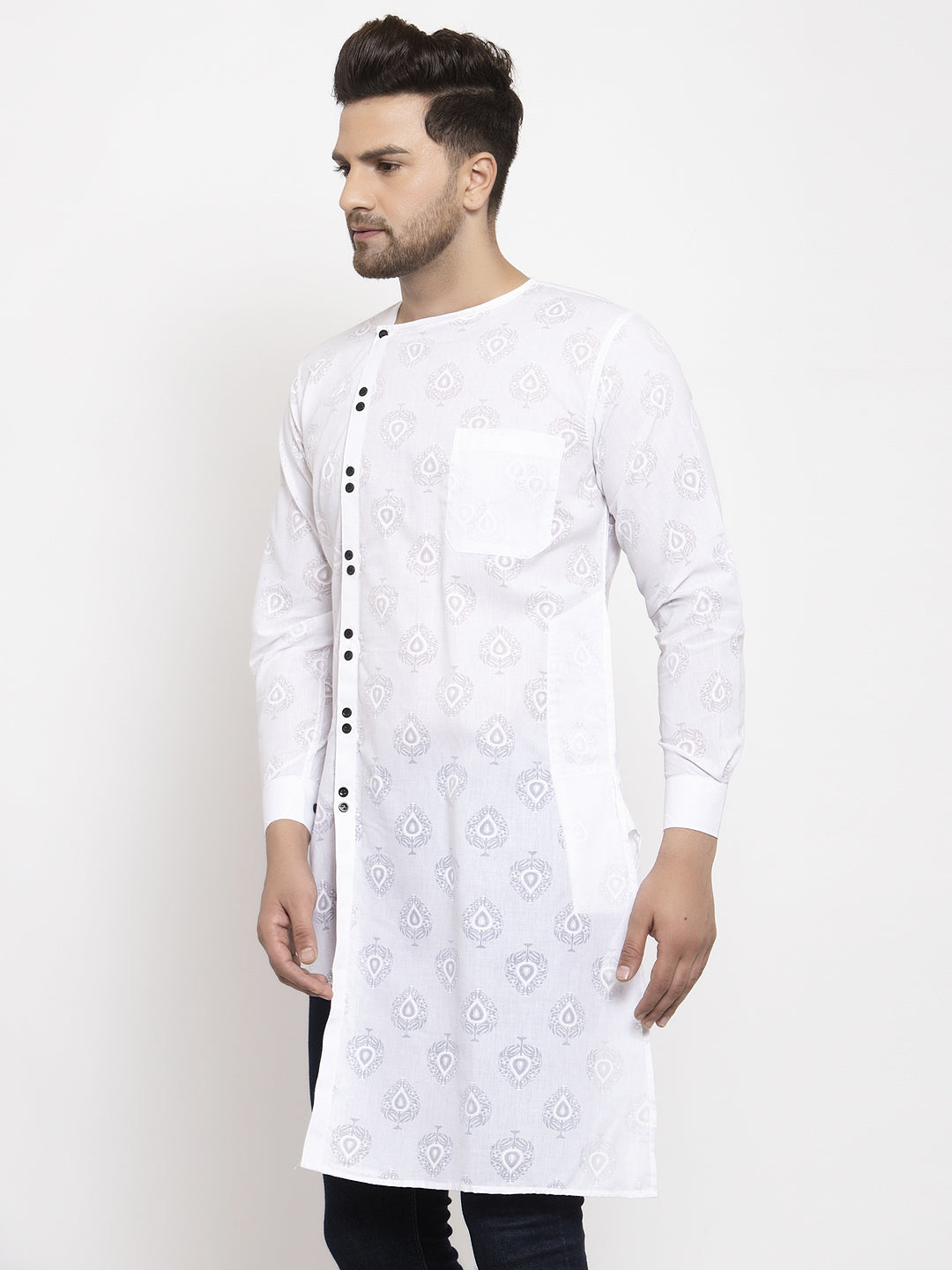 Klotthe White Round Neck Embellished Cotton Kurta