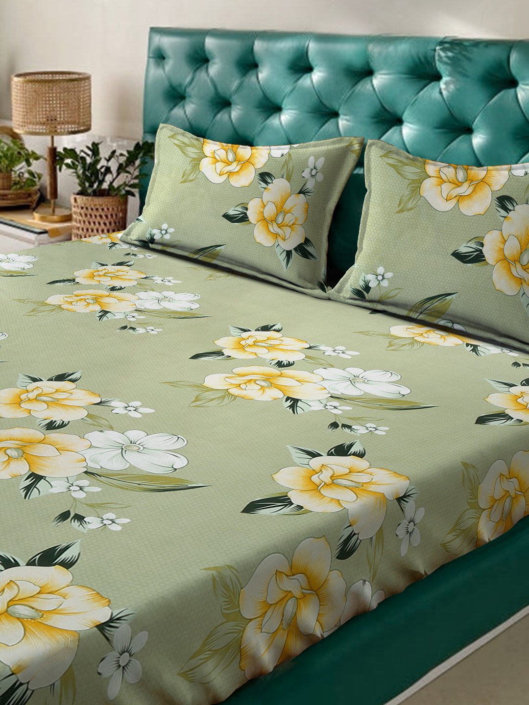 Green Floral 300 TC Cotton Blend Fitted Double Bedsheet with 2 Pillow Covers