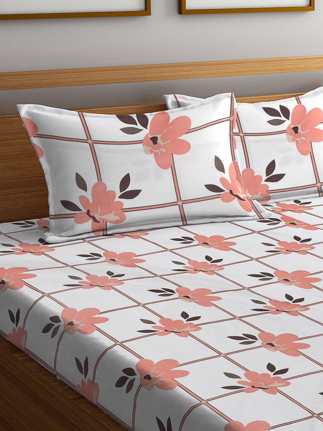 Klotthe Multicolor Floral 300 TC Cotton Blend Fitted Double Bedsheet with 2 Pillow Covers