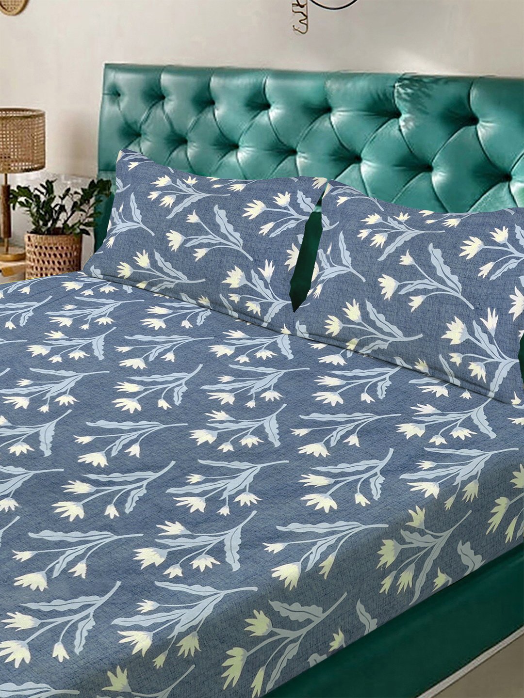 Blue Floral 300 TC Cotton Blend Fitted Double Bedsheet with 2 Pillow Covers