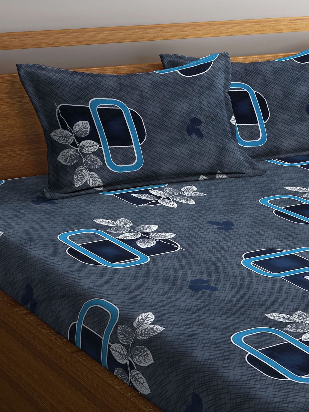 Klotthe Blue Floral 300 TC Cotton Blend Elasticated Super King Double Bedsheet with 2 Pillow covers (270X270 cm)